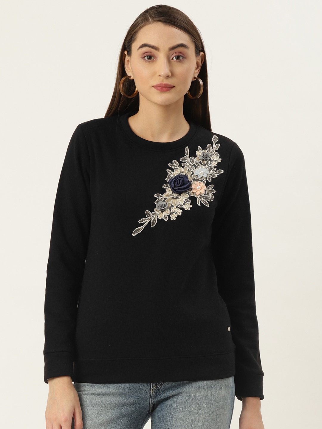 

Monte Carlo Women Black Floral Embroidered Sweatshirt