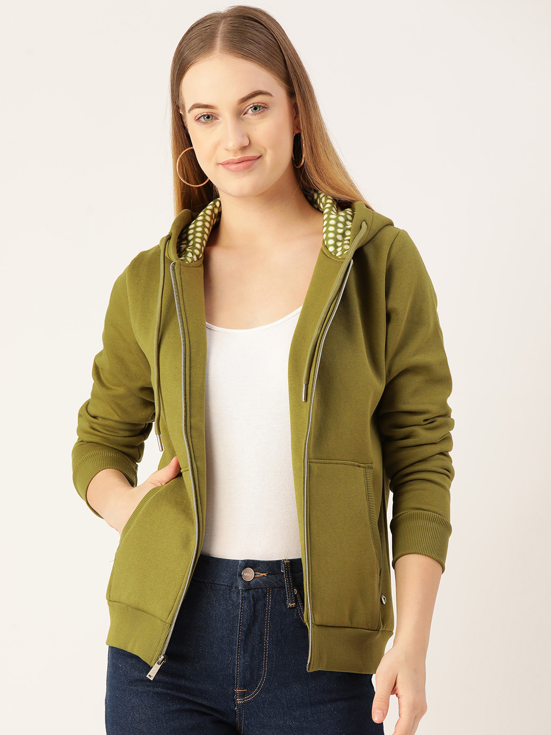 

Monte Carlo Women Olive Green Front-Open Hooded Sweatshirt