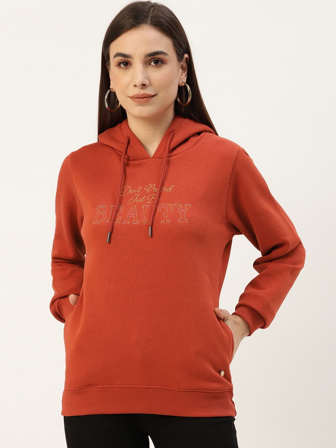 

Monte Carlo Women Rust Orange Embroidered Hooded Sweatshirt