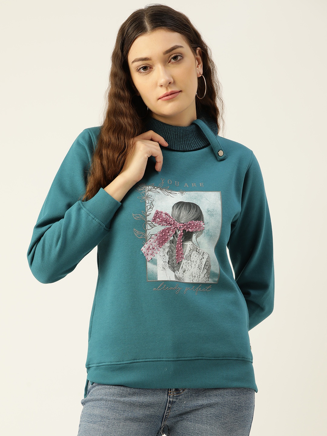 

Monte Carlo Women Teal Green Graphic Printed High-Neck Sweatshirt