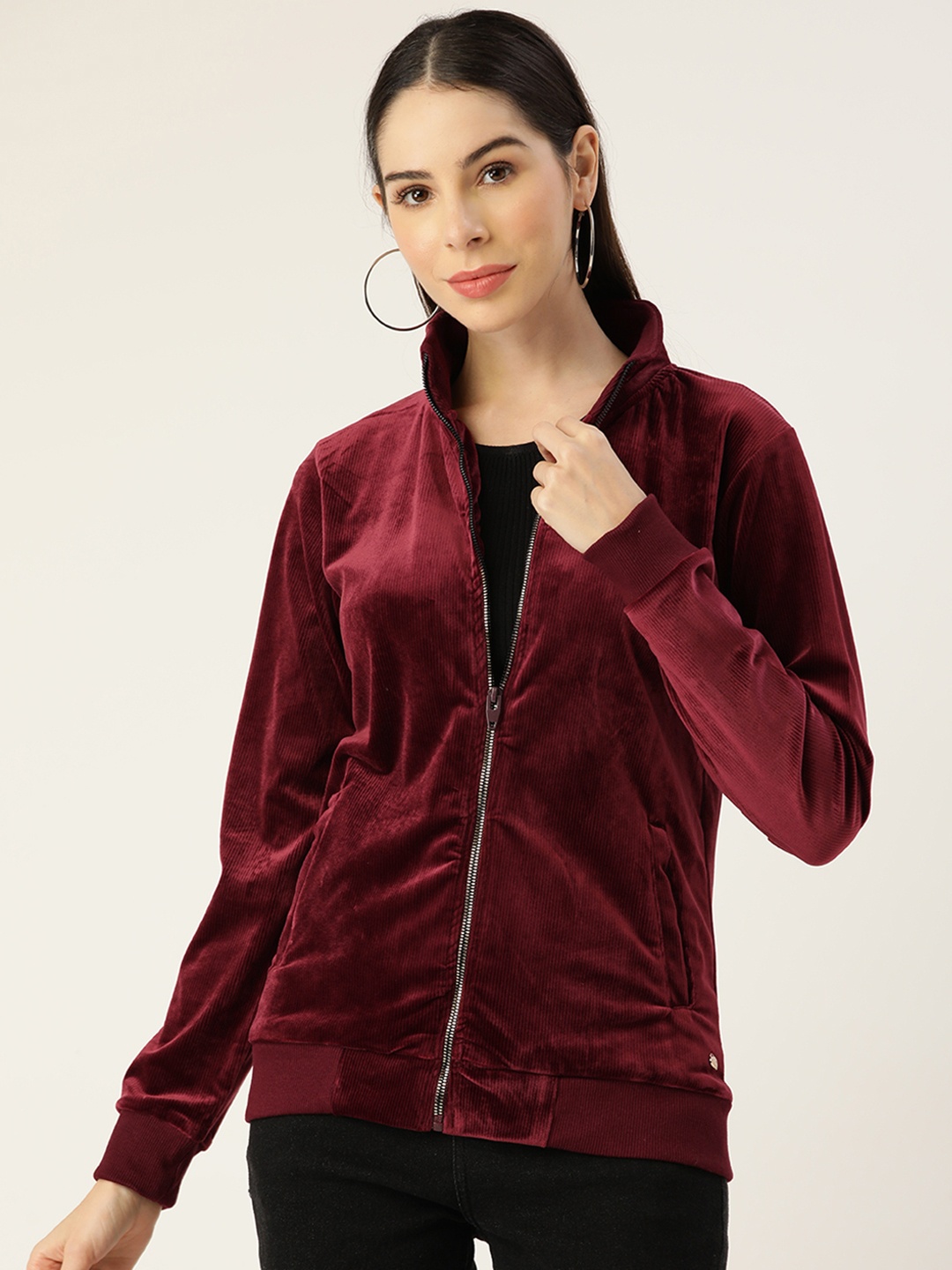 

Monte Carlo Women Maroon Solid Velvet Sweatshirt