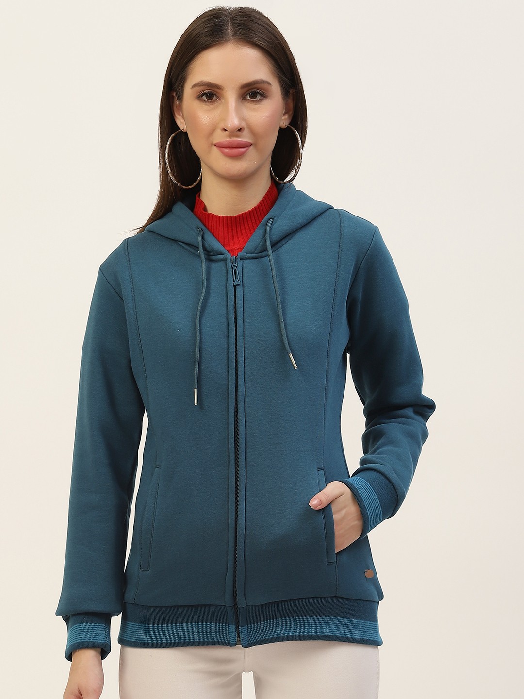 

Monte Carlo Women Teal Blue Solid Hooded Sweatshirt