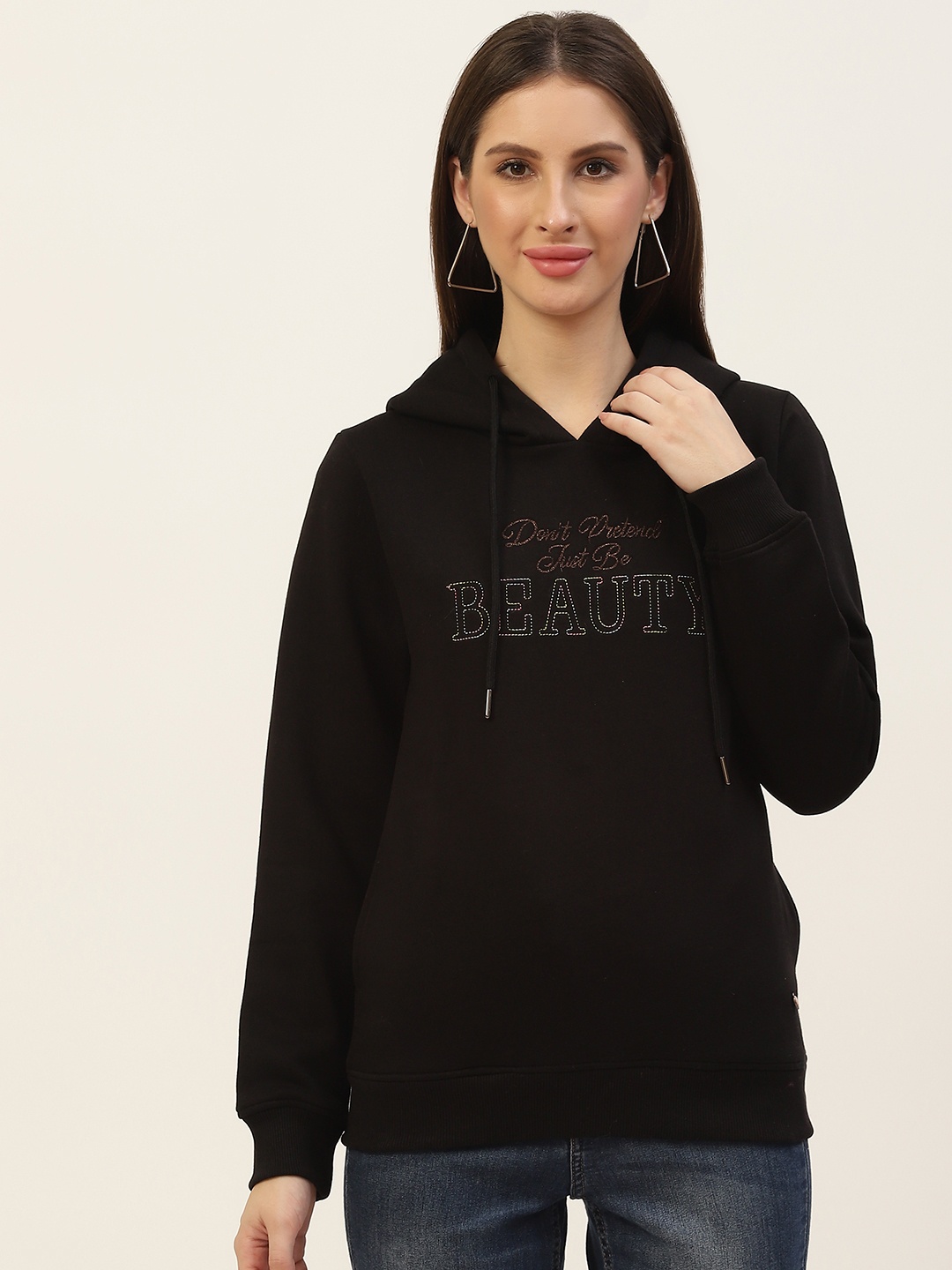 

Monte Carlo Women Black Embroidered Hooded Sweatshirt