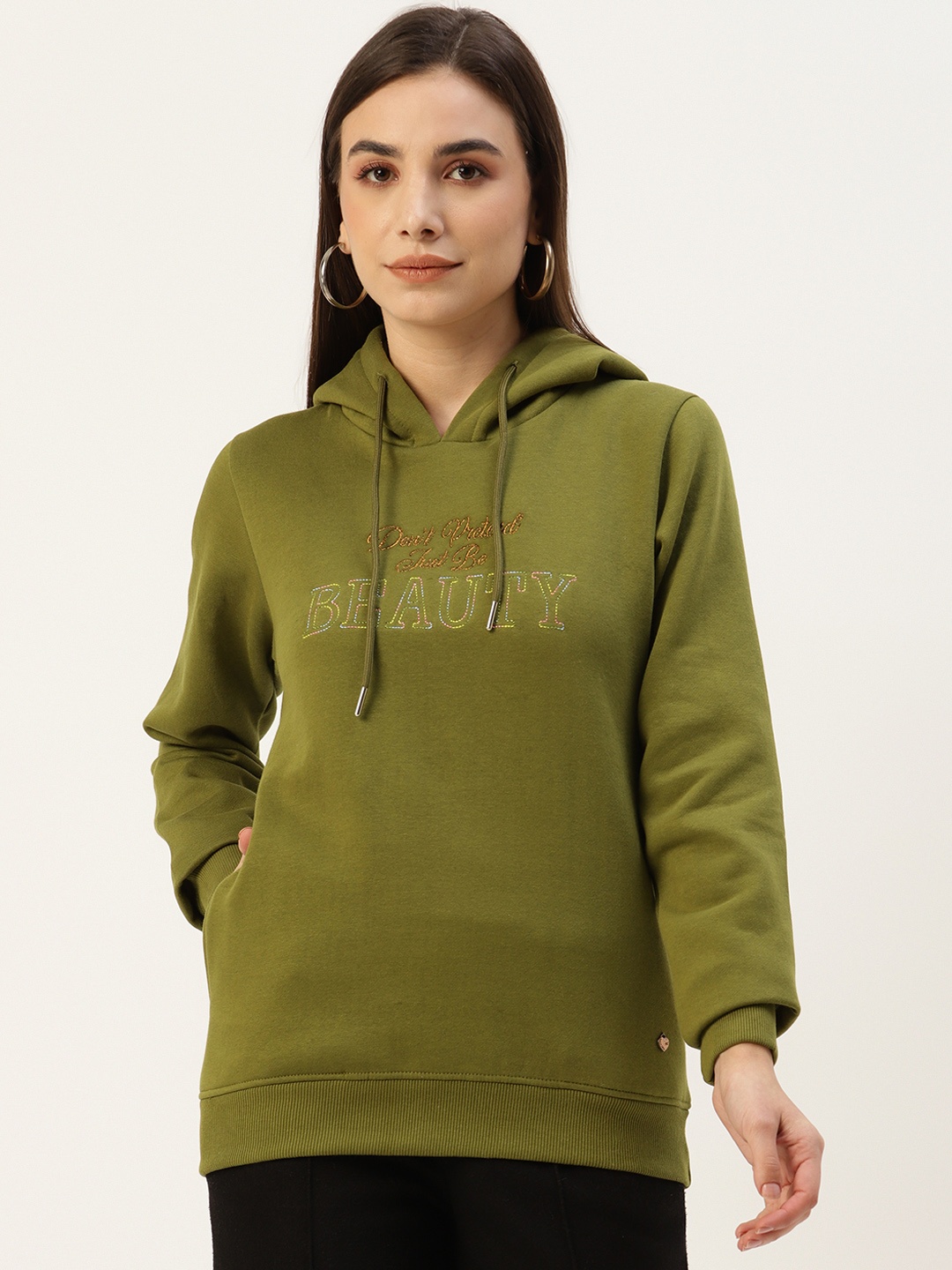 

Monte Carlo Women Olive Green Typography Printed Hooded Sweatshirt