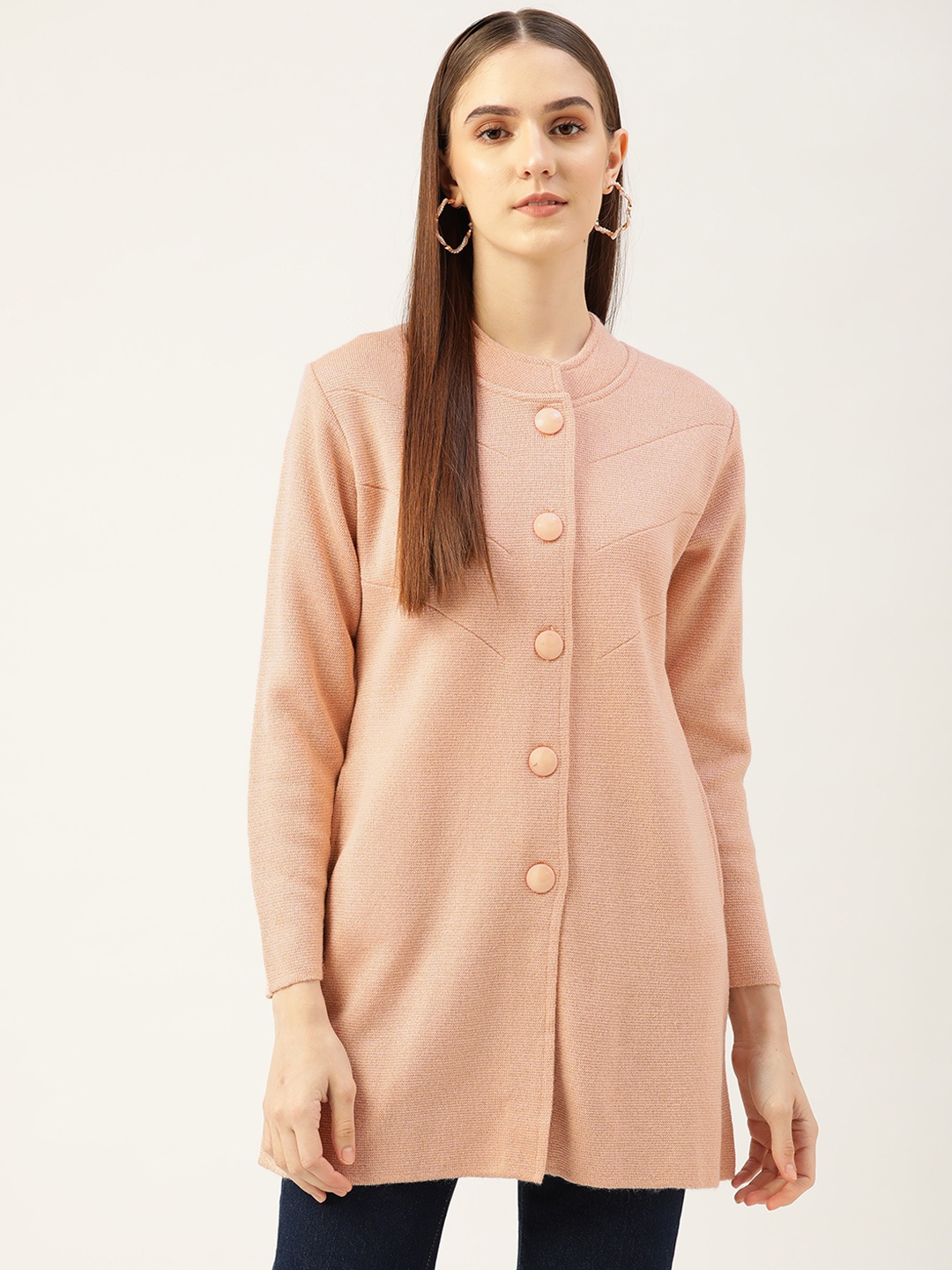 

Monte Carlo Women Peach-Coloured Solid Longline Cardigan