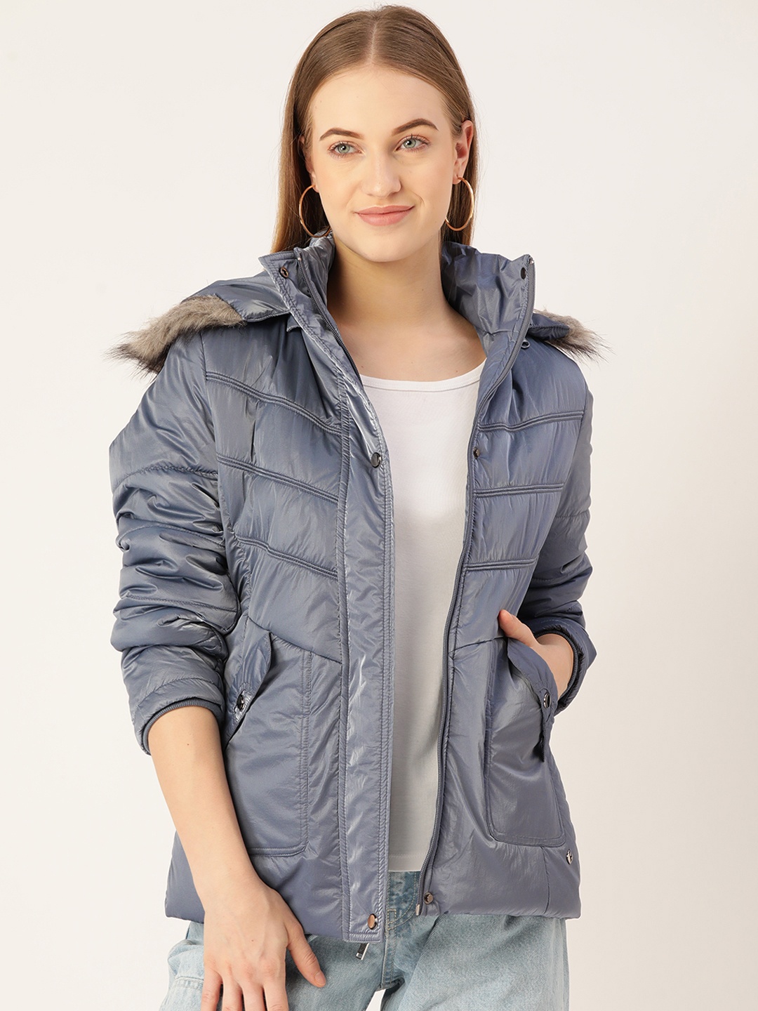 

Monte Carlo Women Grey Solid Detachable Hood Padded Jacket