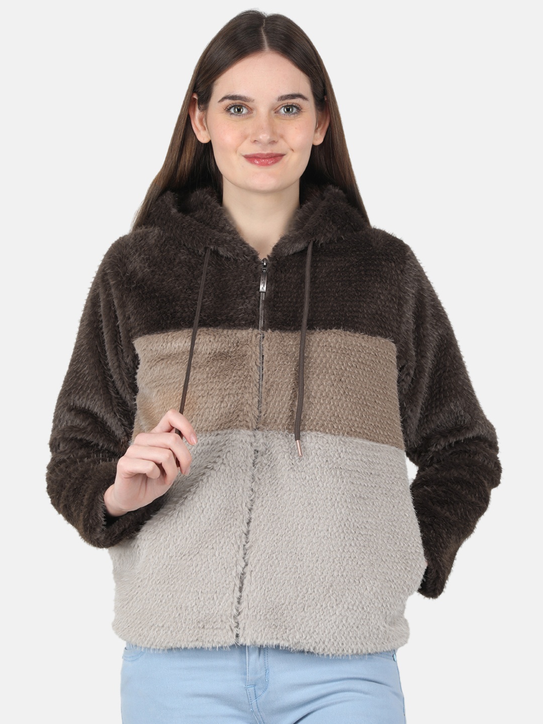 

Monte Carlo Faux Fur Detail Hooded Colourblocked Tailored Jacket, Brown