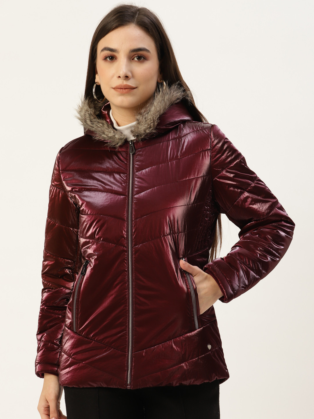 

Monte Carlo Women Maroon Solid Faux Fur Trim Parka Jacket