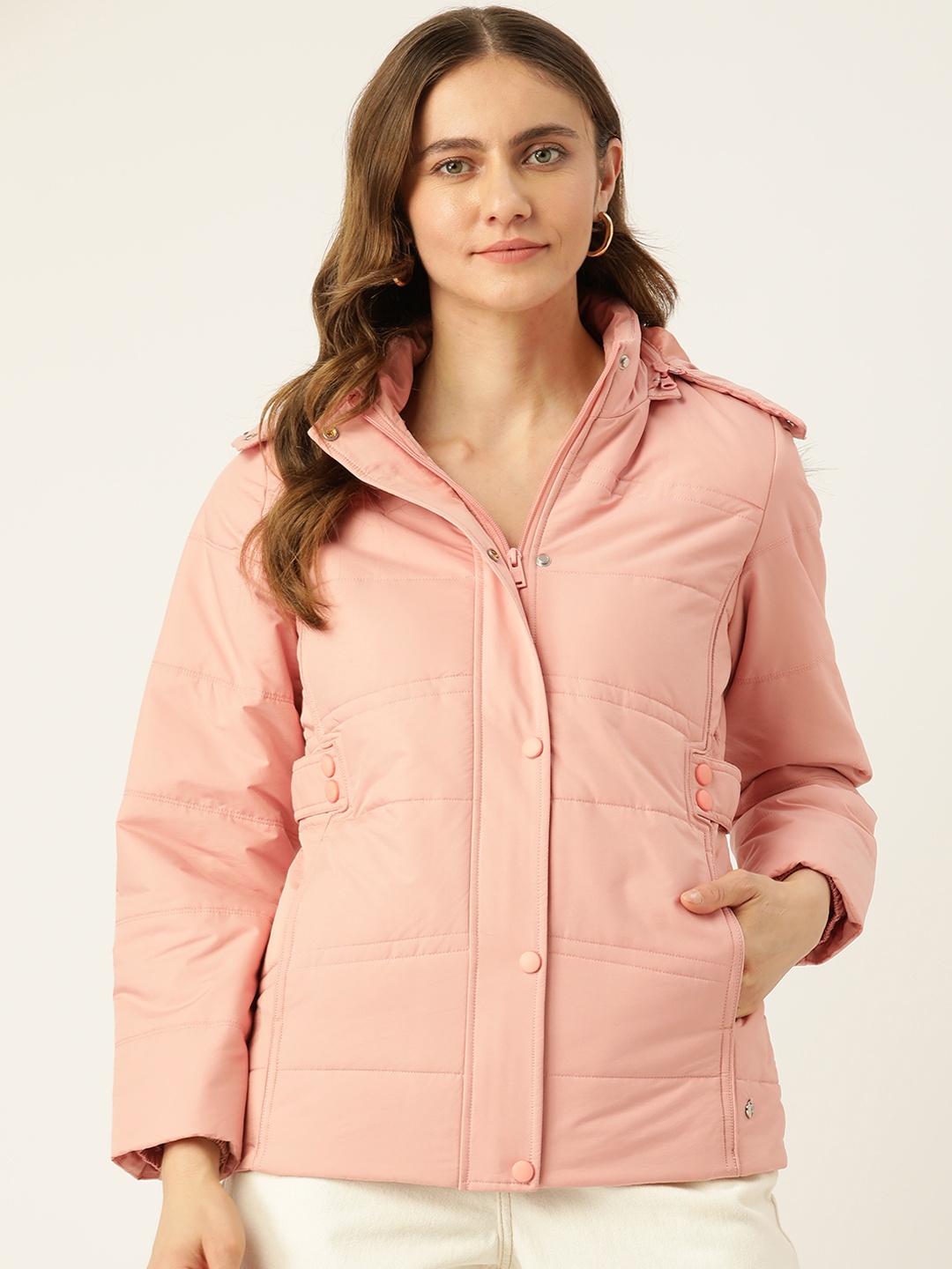 

Monte Carlo Women Peach-Coloured Solid Hooded Parka Jacket