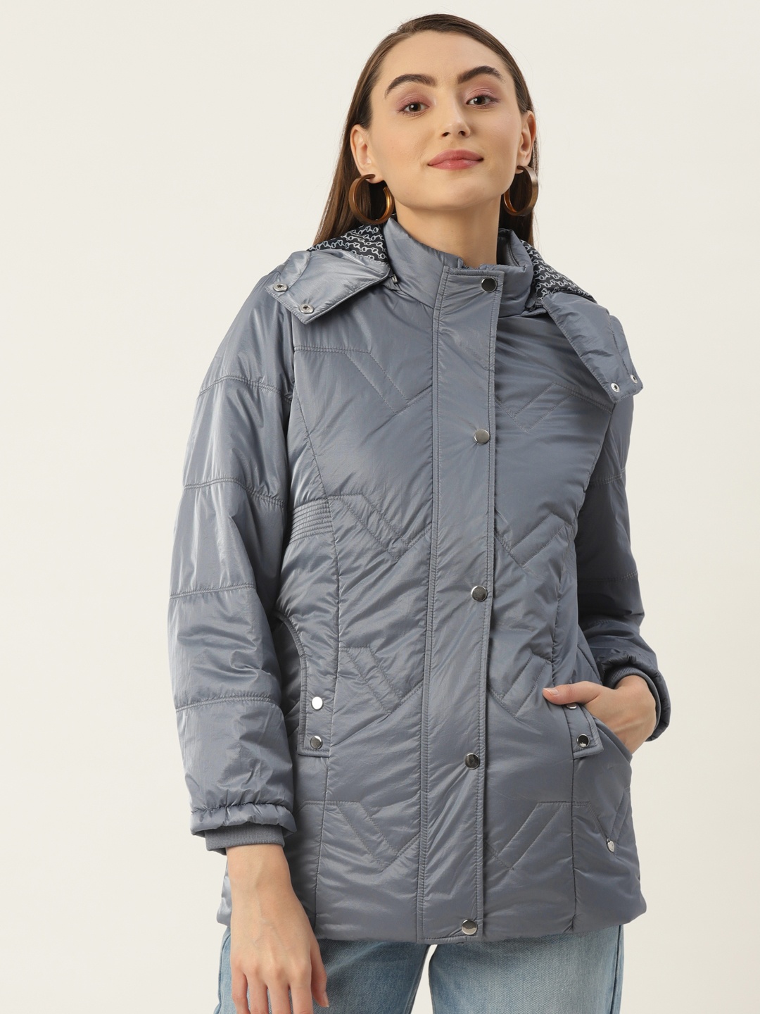 

Monte Carlo Women Grey Solid Padded Jacket With Detachable Hood