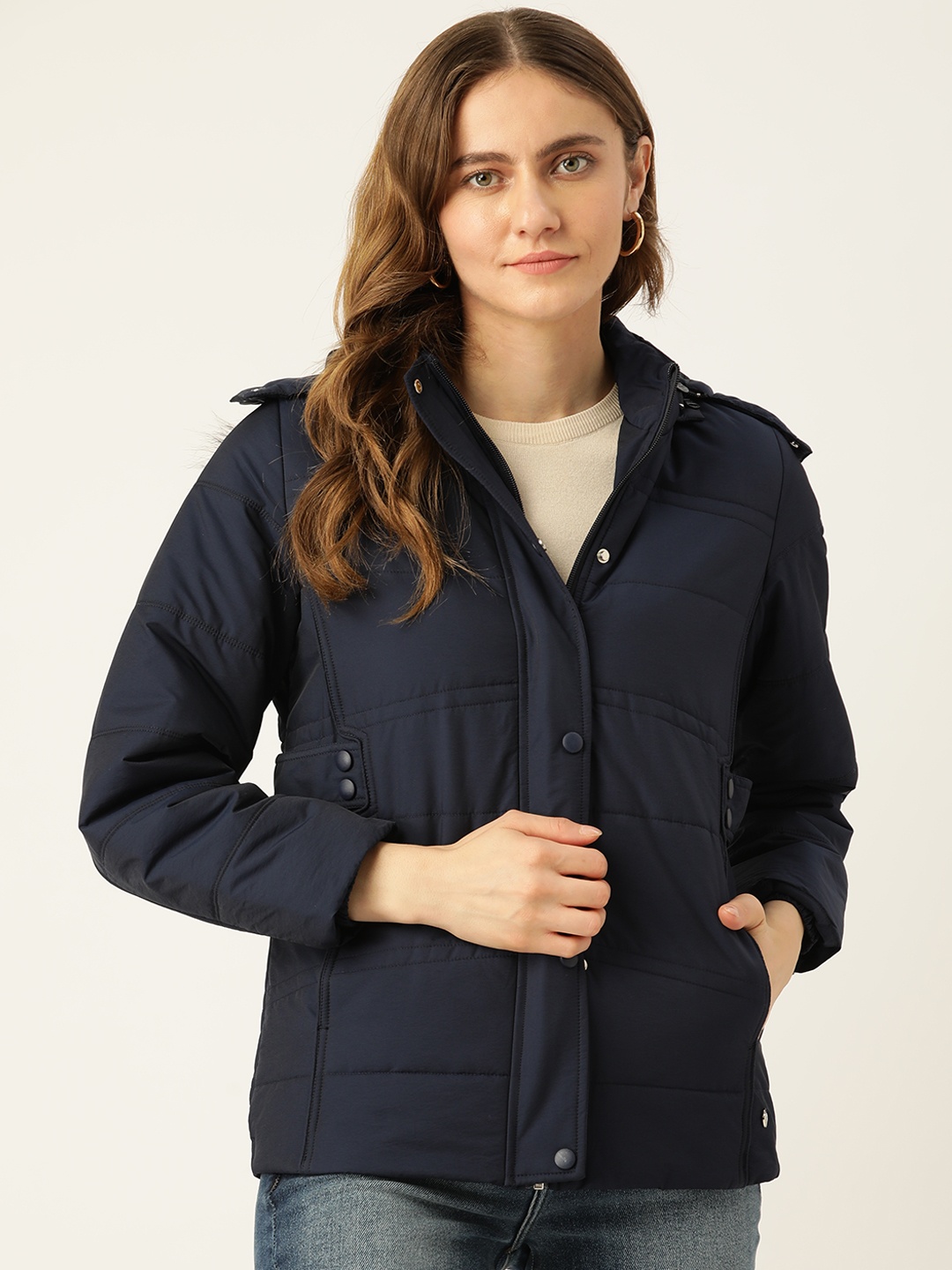 

Monte Carlo Women Navy Blue Solid Hooded Parka Jacket