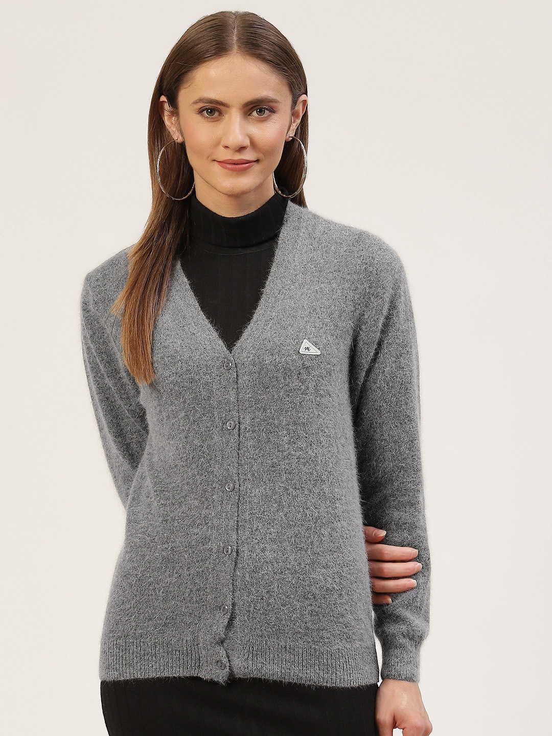 

Monte Carlo Women Charcoal Grey Solid V- Neck Cardigan