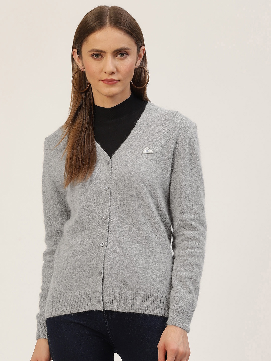 

Monte Carlo Women Grey Solid V- Neck Cardigan