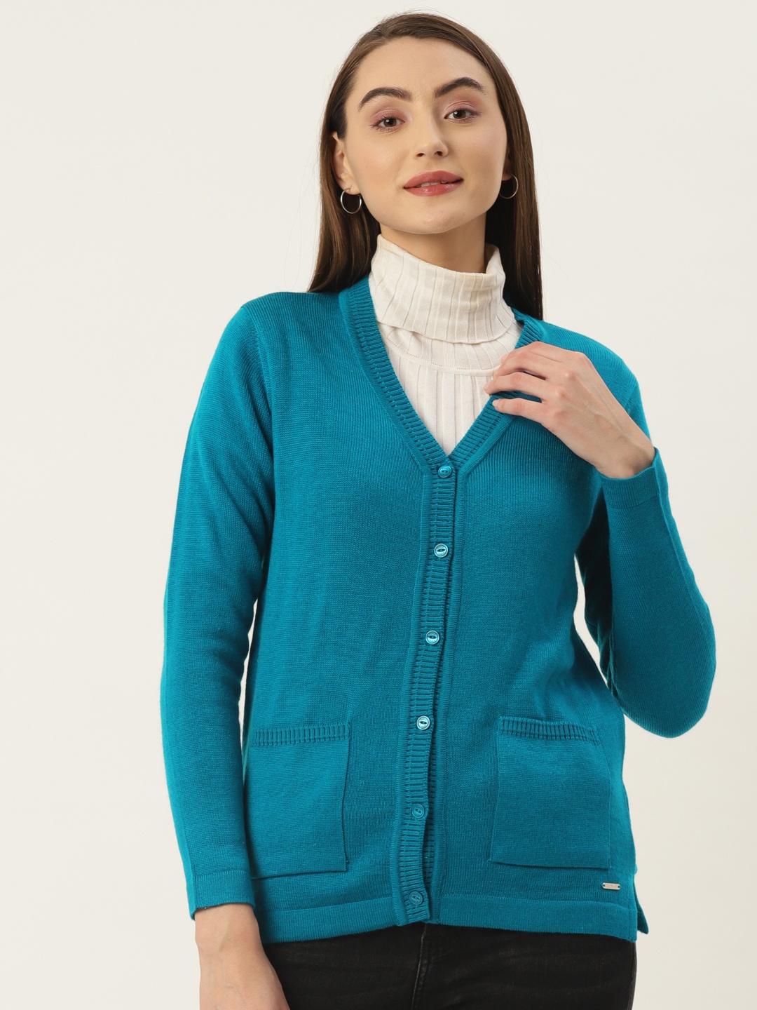 

Monte Carlo Women Teal Blue Solid V-Neck Cardigan