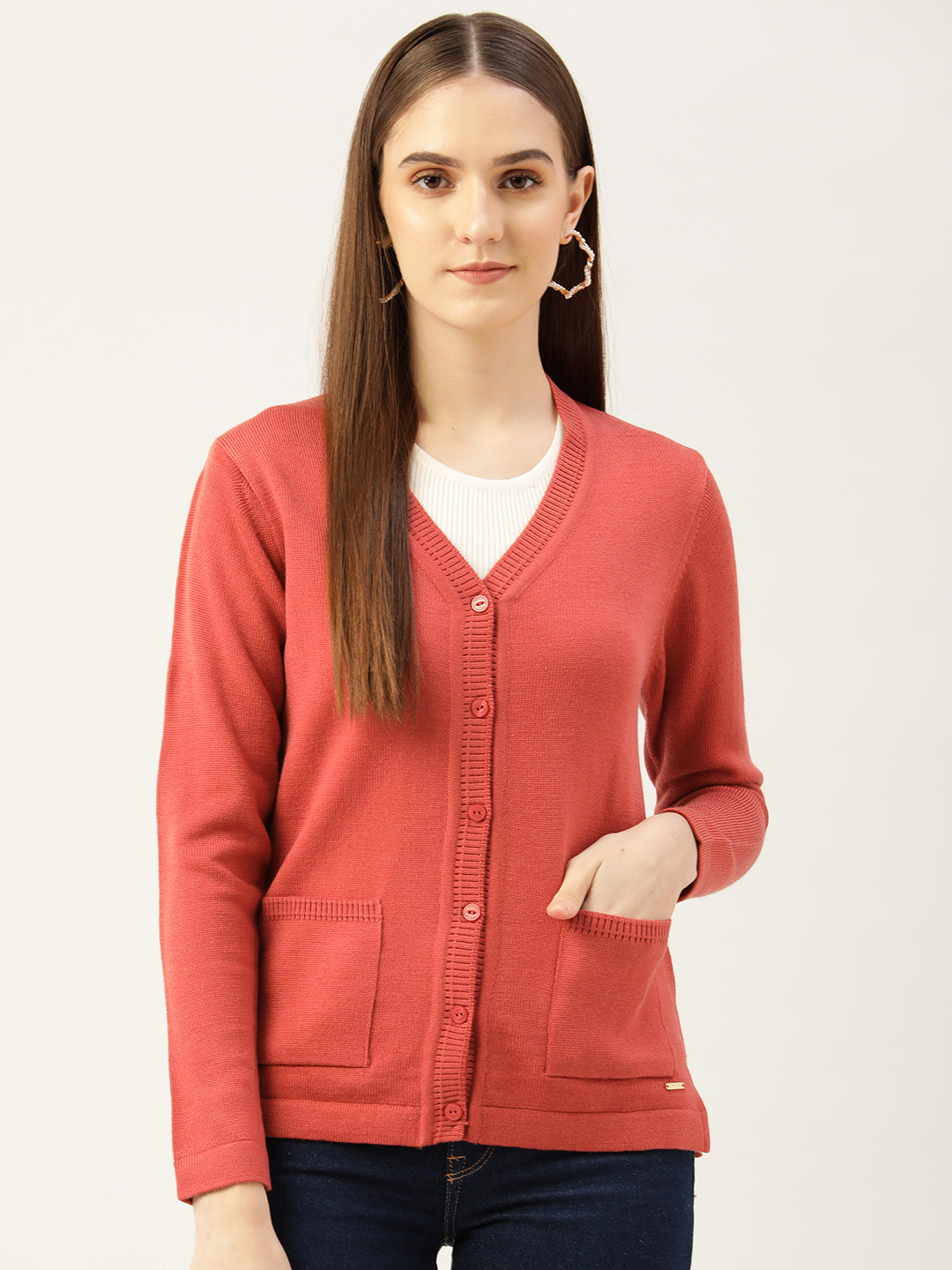 

Monte Carlo Women Coral Red Solid Cardigan