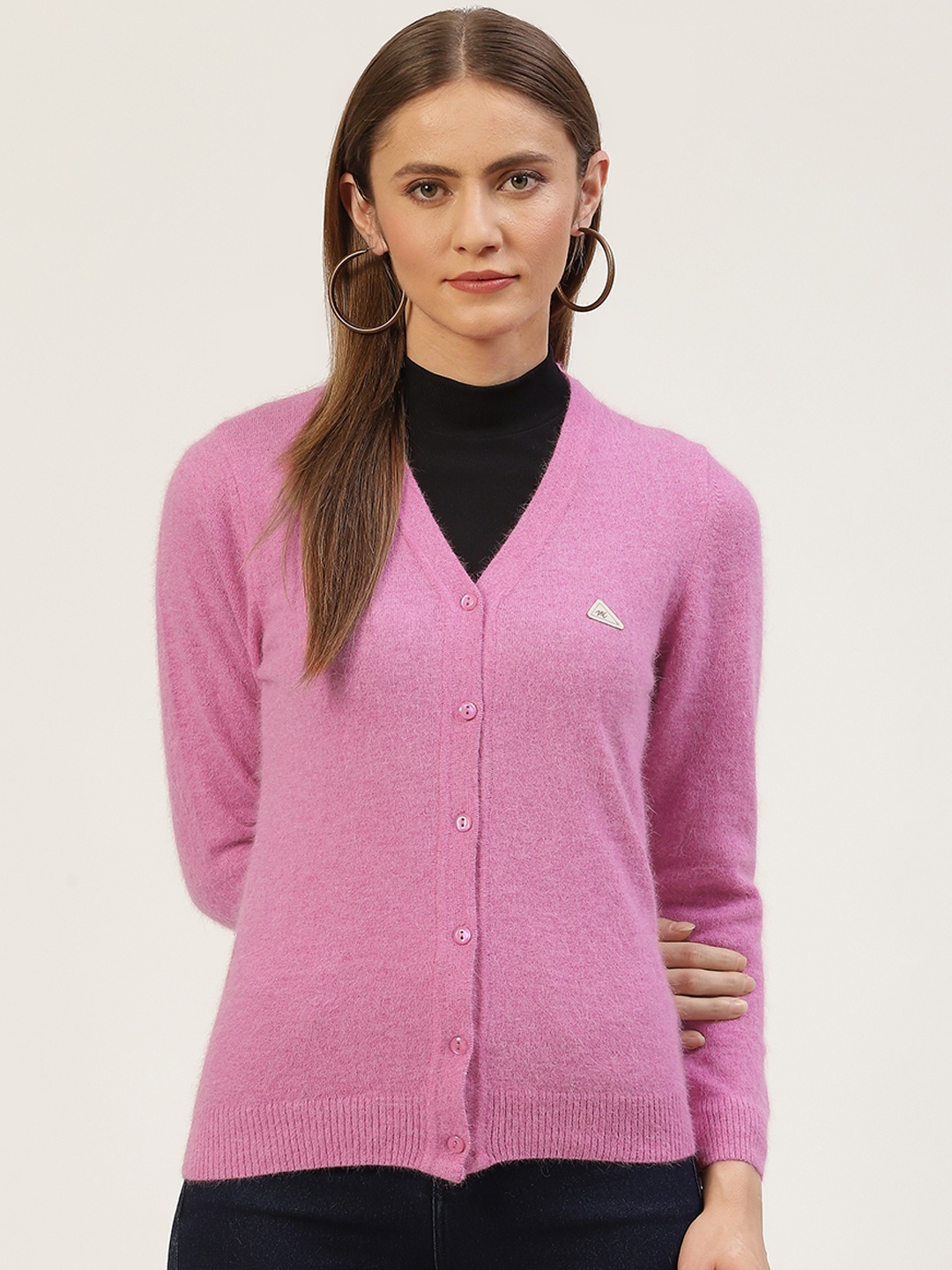 

Monte Carlo Women Pink Solid V- Neck Cardigan