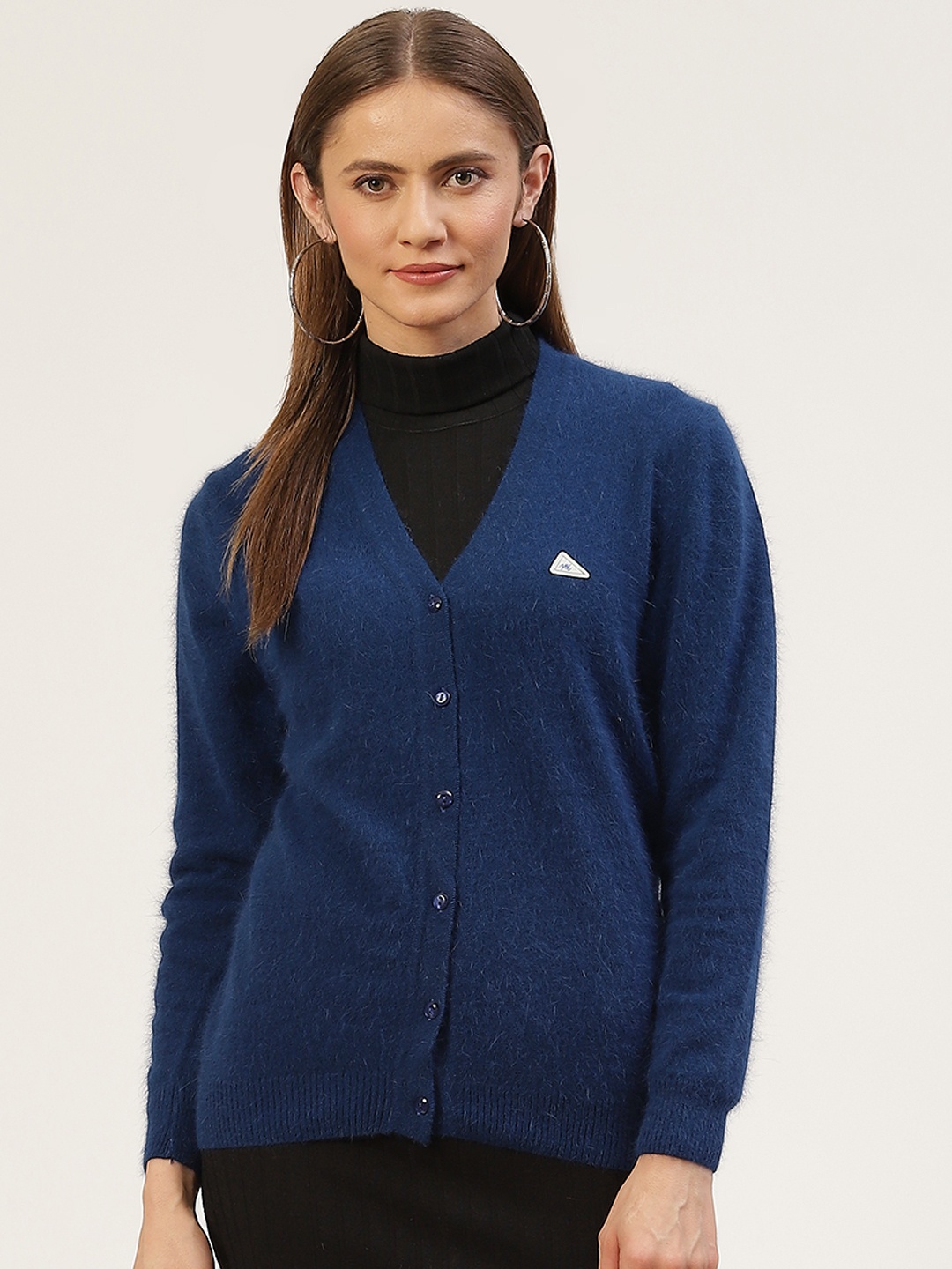 

Monte Carlo Women Blue Solid V- Neck Cardigan