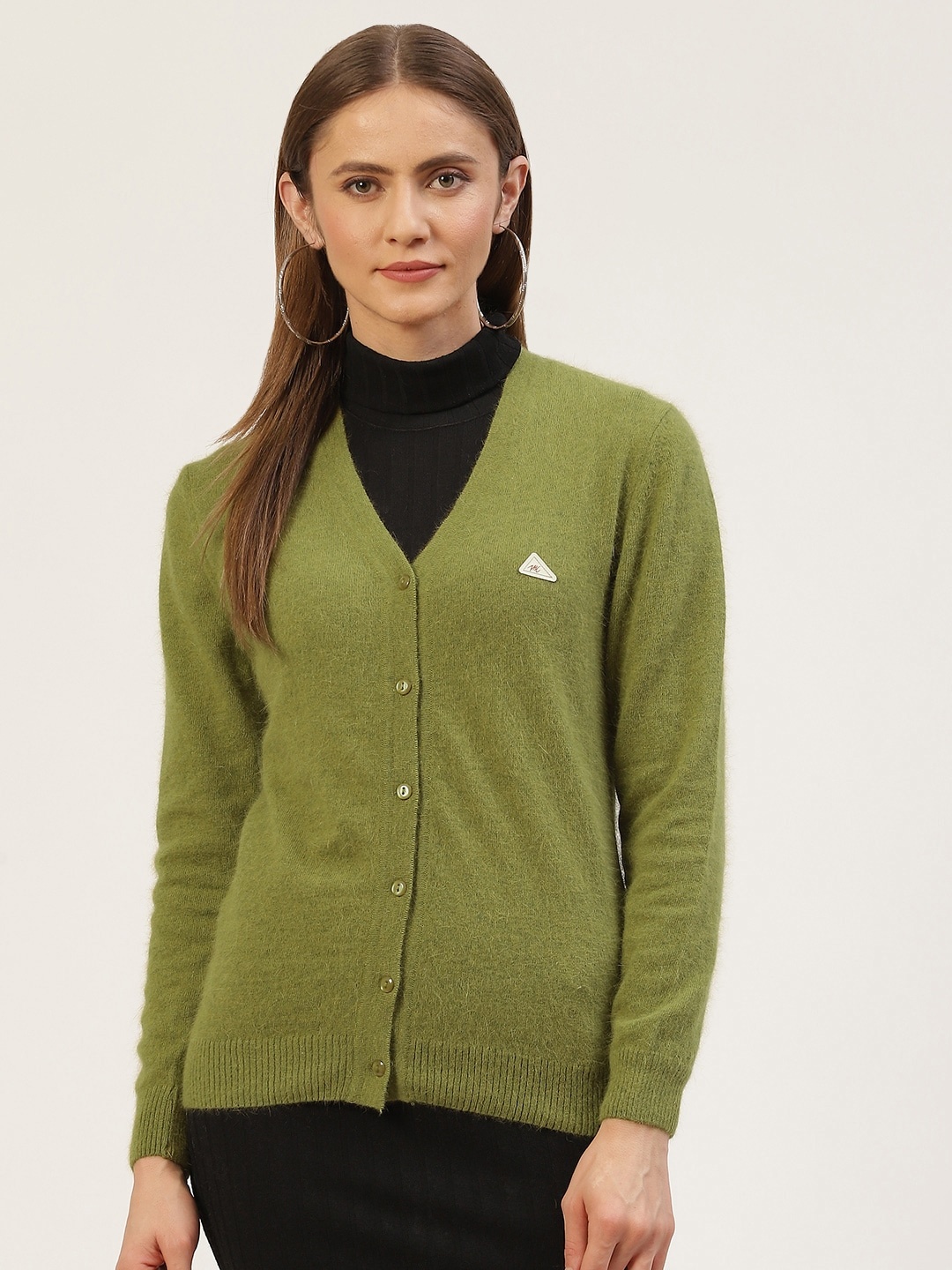 

Monte Carlo Women Olive Green Solid V-Neck Cardigan with Fuzzy Detail