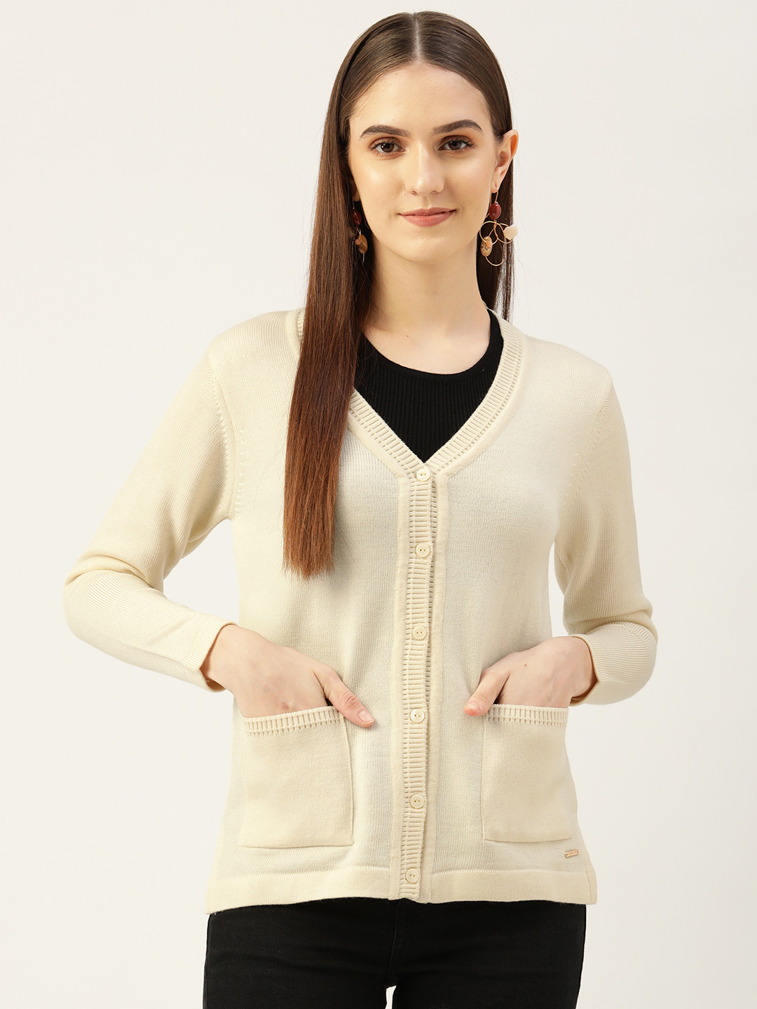 

Monte Carlo Women Off White Solid Cardigan