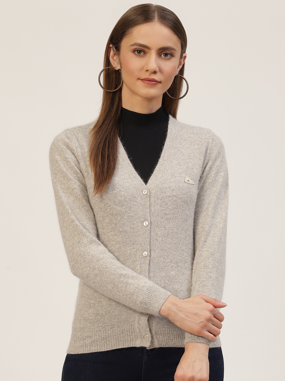

Monte Carlo Women Grey Solid V- Neck Cardigan