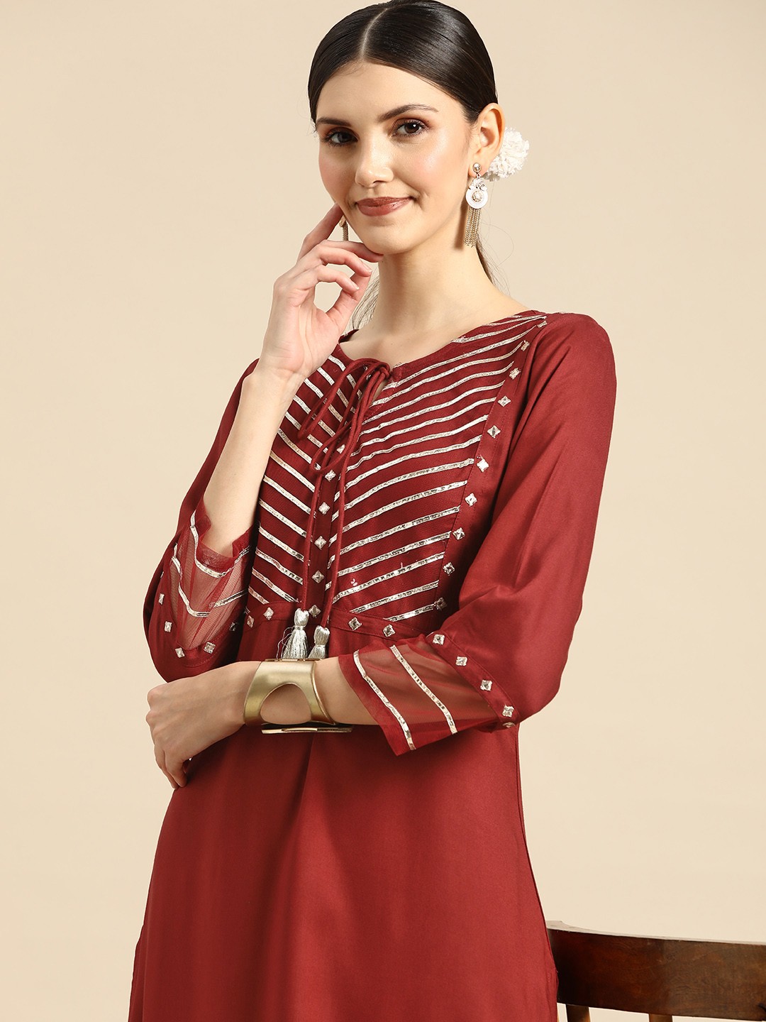 

Sangria Women Maroon Yoke Design Gotta Patti Kurta with Palazzos