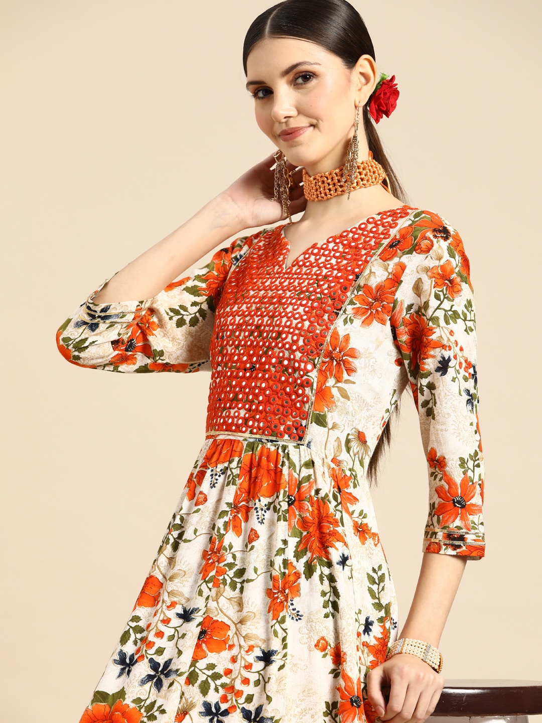 

Sangria Off White & Orange Floral Ethnic Maxi Dress