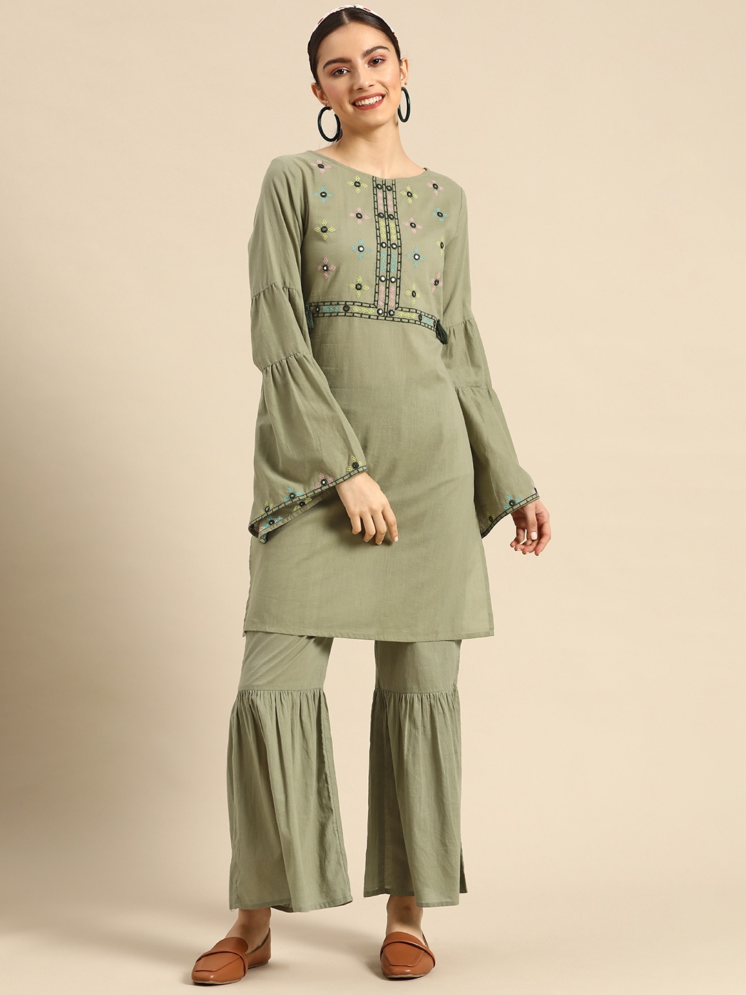 

Sangria Women Olive Green Yoke Design Mirror Work Pure Cotton Kurta with Palazzos