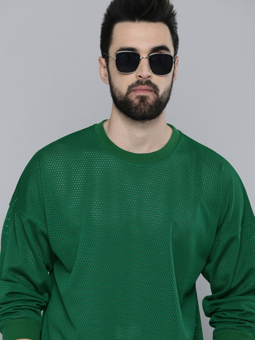 

Levis Men Green Self Design Round Neck Extended Sleeves Cut Outs Relaxed Fit T-shirt
