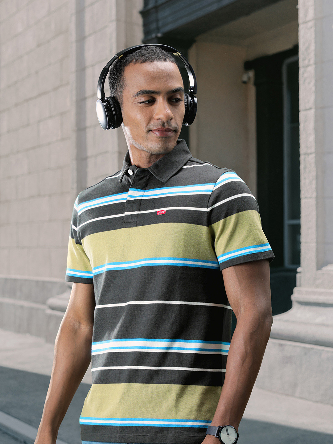 

Levis Men Olive Green & Black Striped Pure Cotton Polo Collar T-shirt