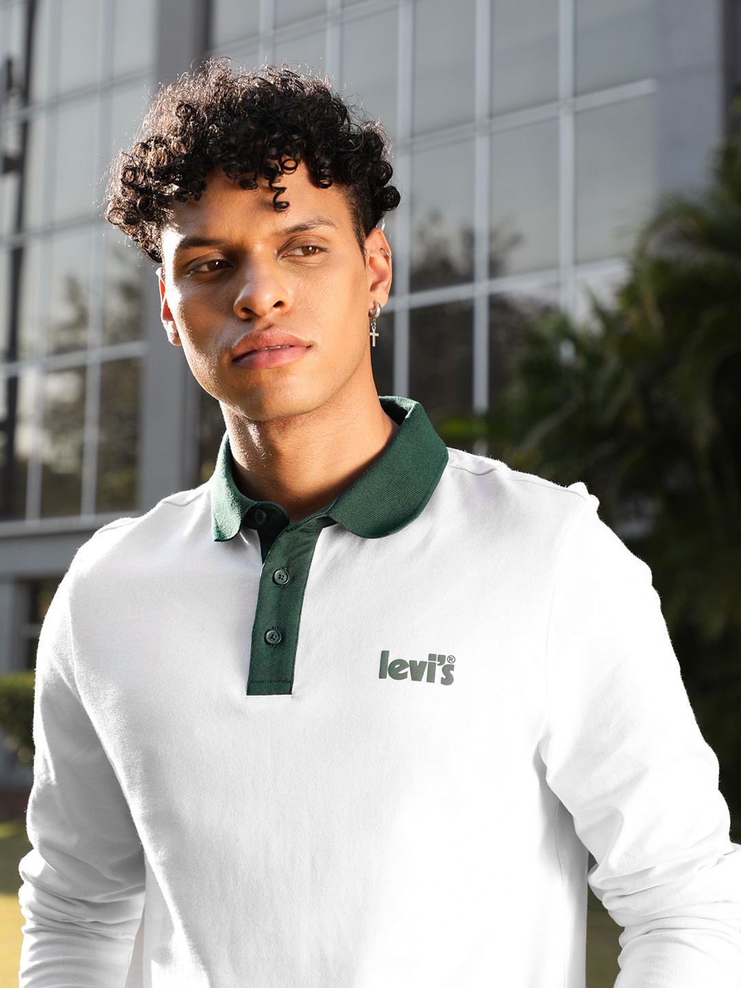 

Levis Men White & Teal Green Brand Logo Printed Polo Collar Pure Cotton T-shirt