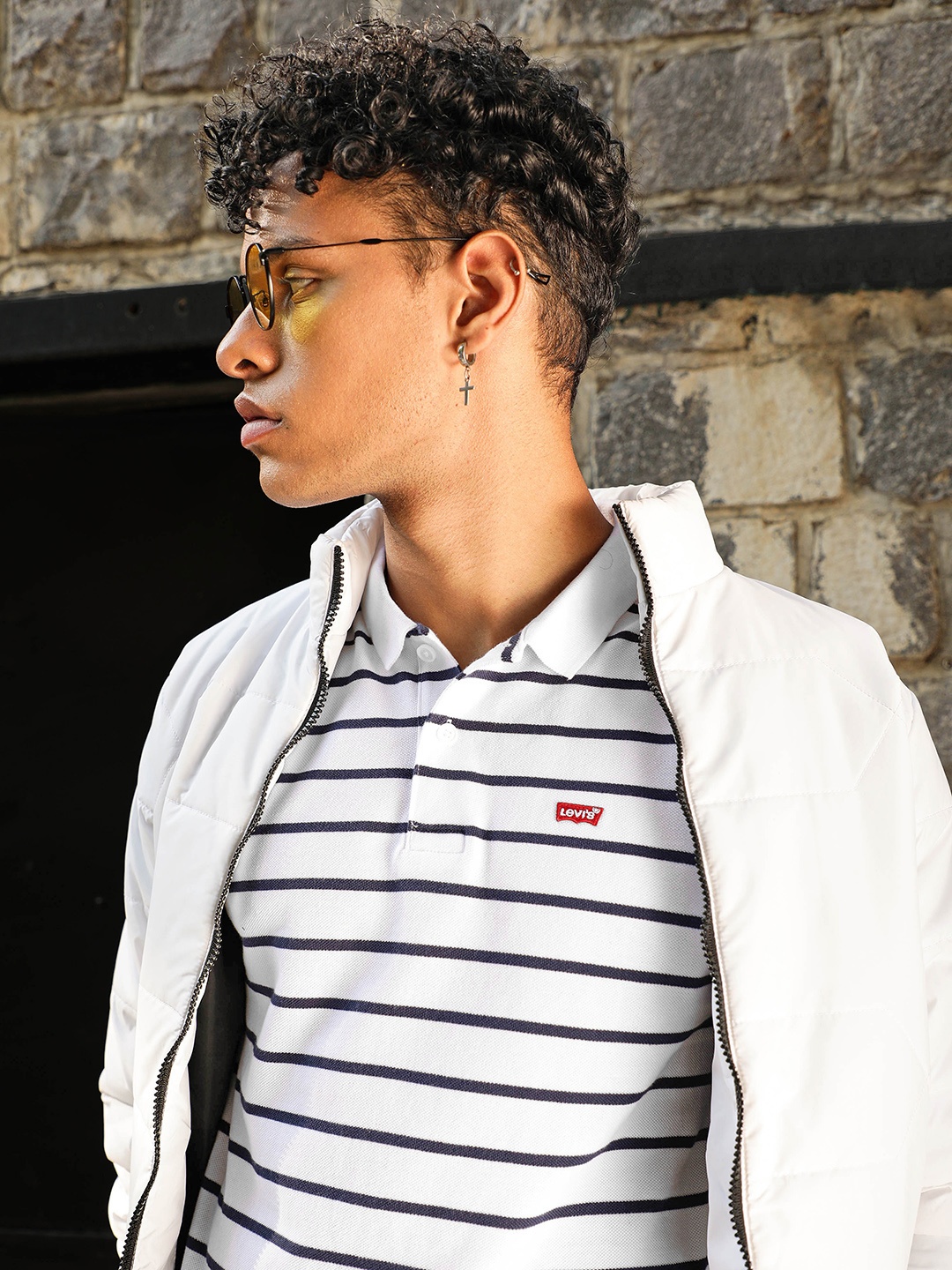 

Levis Men White & Navy Blue Striped Polo Collar Pure Cotton T-shirt
