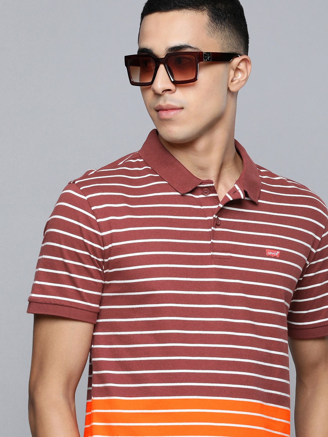 

Levis Men Maroon & White Striped Polo Collar Pure Cotton T-shirt