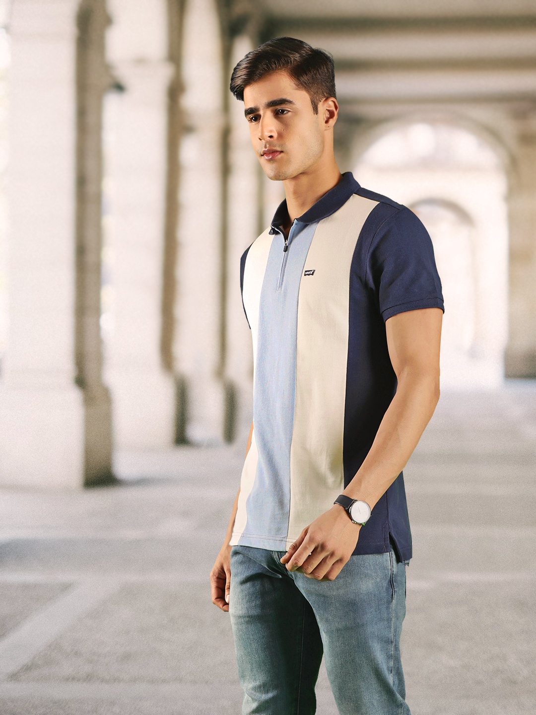 

Levis Men Blue & White Colourblocked Pure Cotton Polo Collar T-shirt