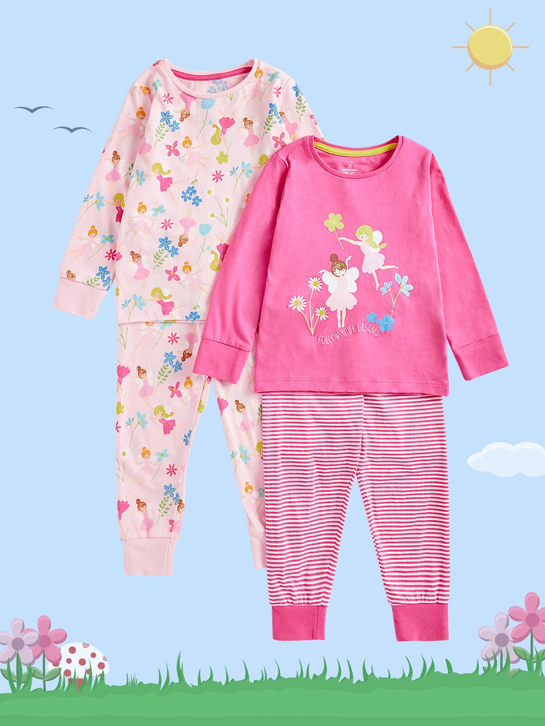 

mothercare Infant Girls Pink & Blue Pack Of 2 Printed Pure Cotton T-shirt with Joggers