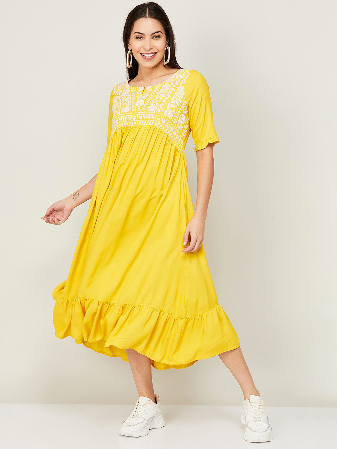 

Colour Me by Melange Yellow Floral Embroidered Empire Midi Dress