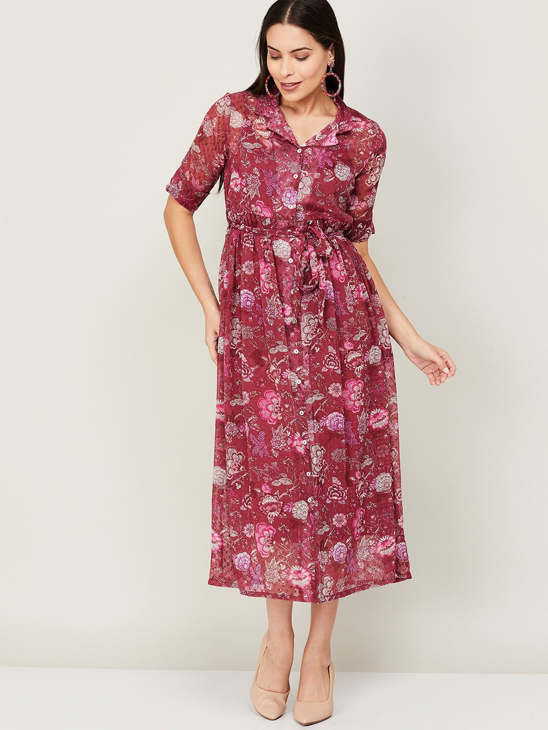 

Colour Me by Melange Red Floral Printed Shirt Style Midi Dress