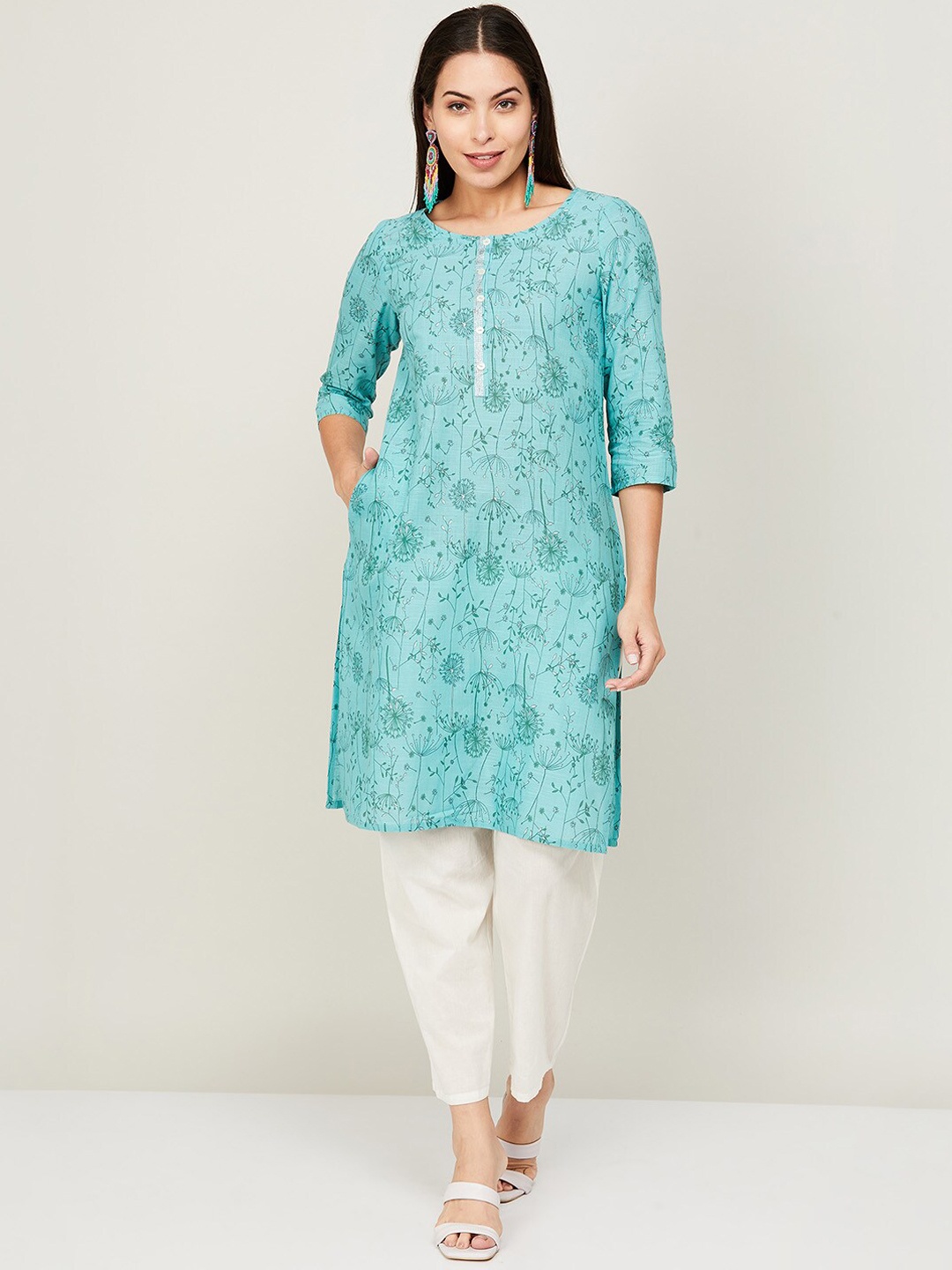 

Melange by Lifestyle Women Blue Floral Printed Thread Work Kurta