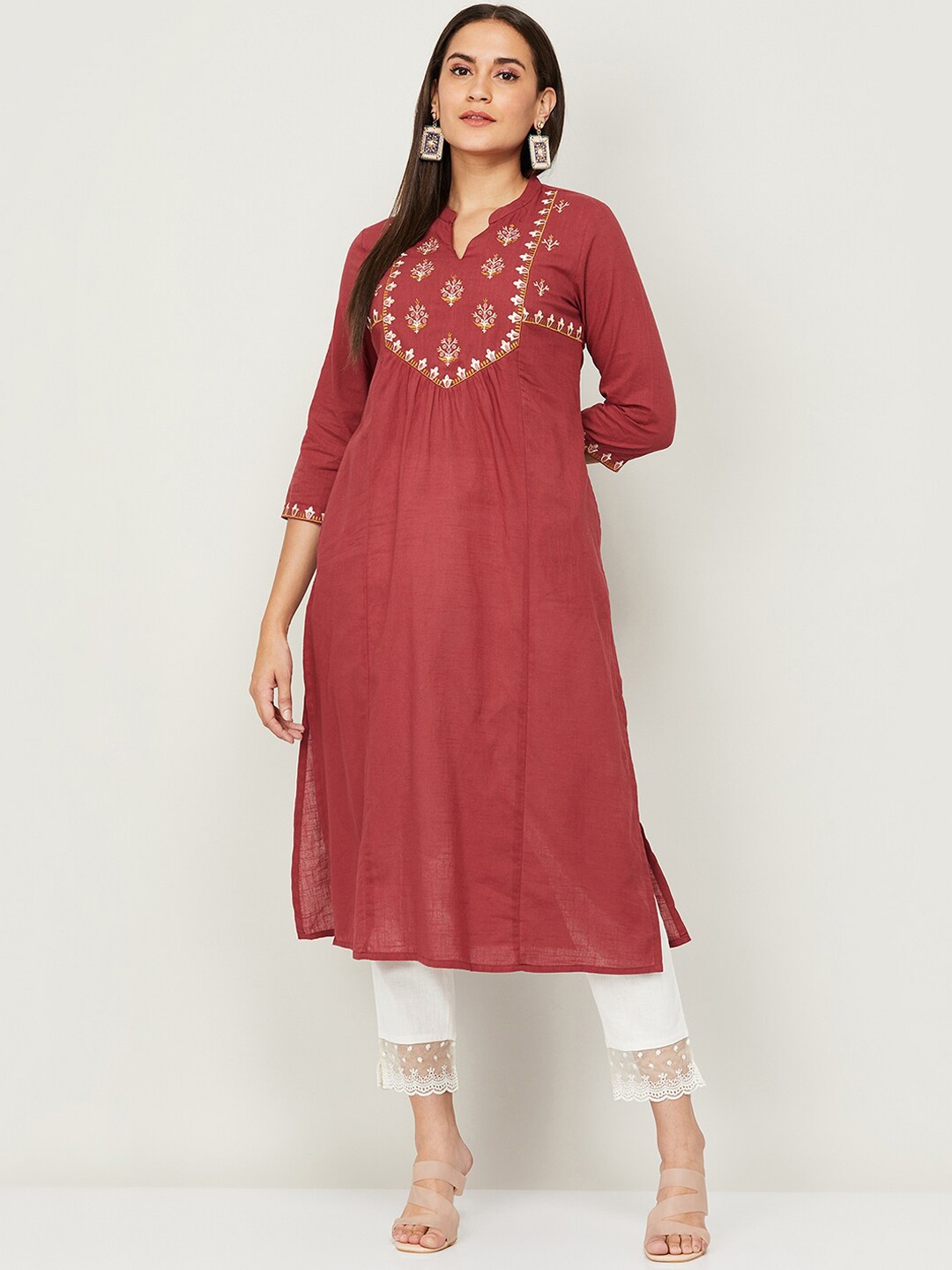 

Melange by Lifestyle Women Red Yoke Design Thread Work Kurta