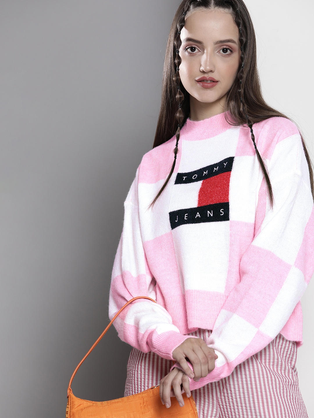 

Tommy Hilfiger Women White & Pink Checked Pullover