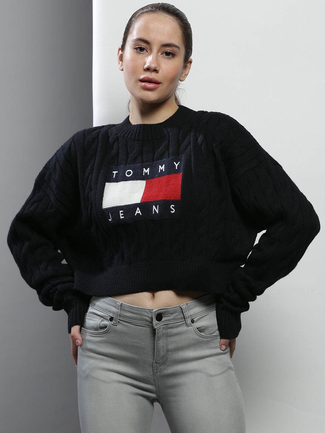 

Tommy Hilfiger Women Navy Blue & White Crop Cotton Pullover with Embroidered Detail