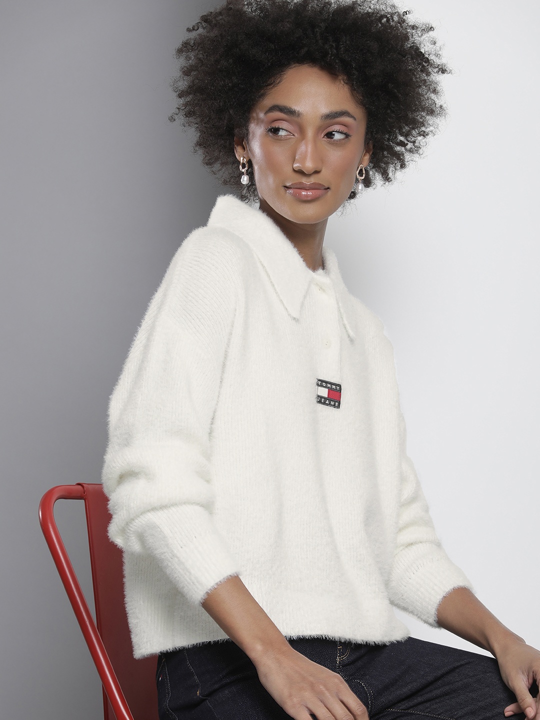

Tommy Hilfiger Women White Lapel Collar Solid Pullover With Brand Logo Embroidered Detail