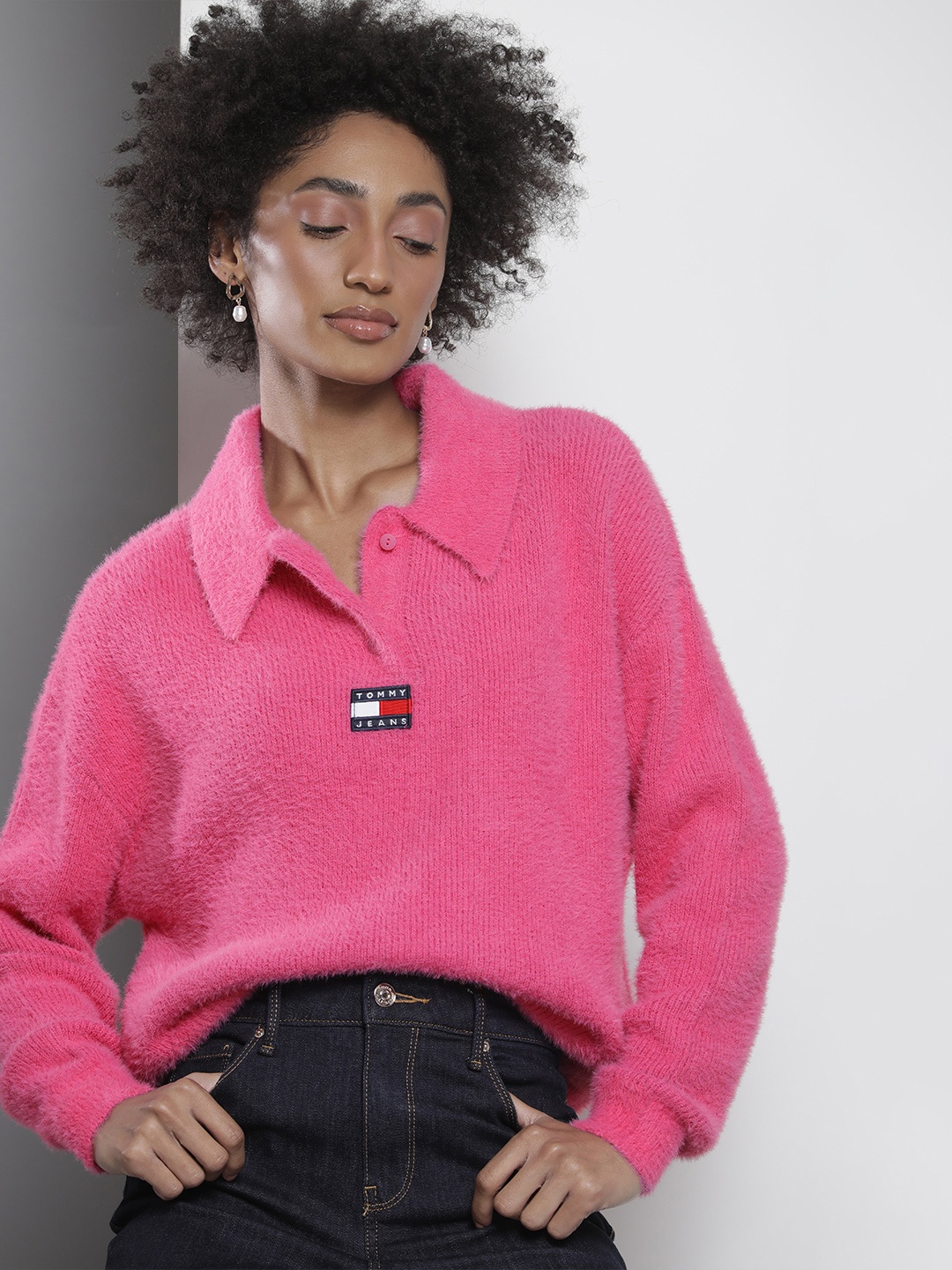 

Tommy Hilfiger Women Pink Lapel Collar Solid Pullover with Brand Logo Embroidered Detail