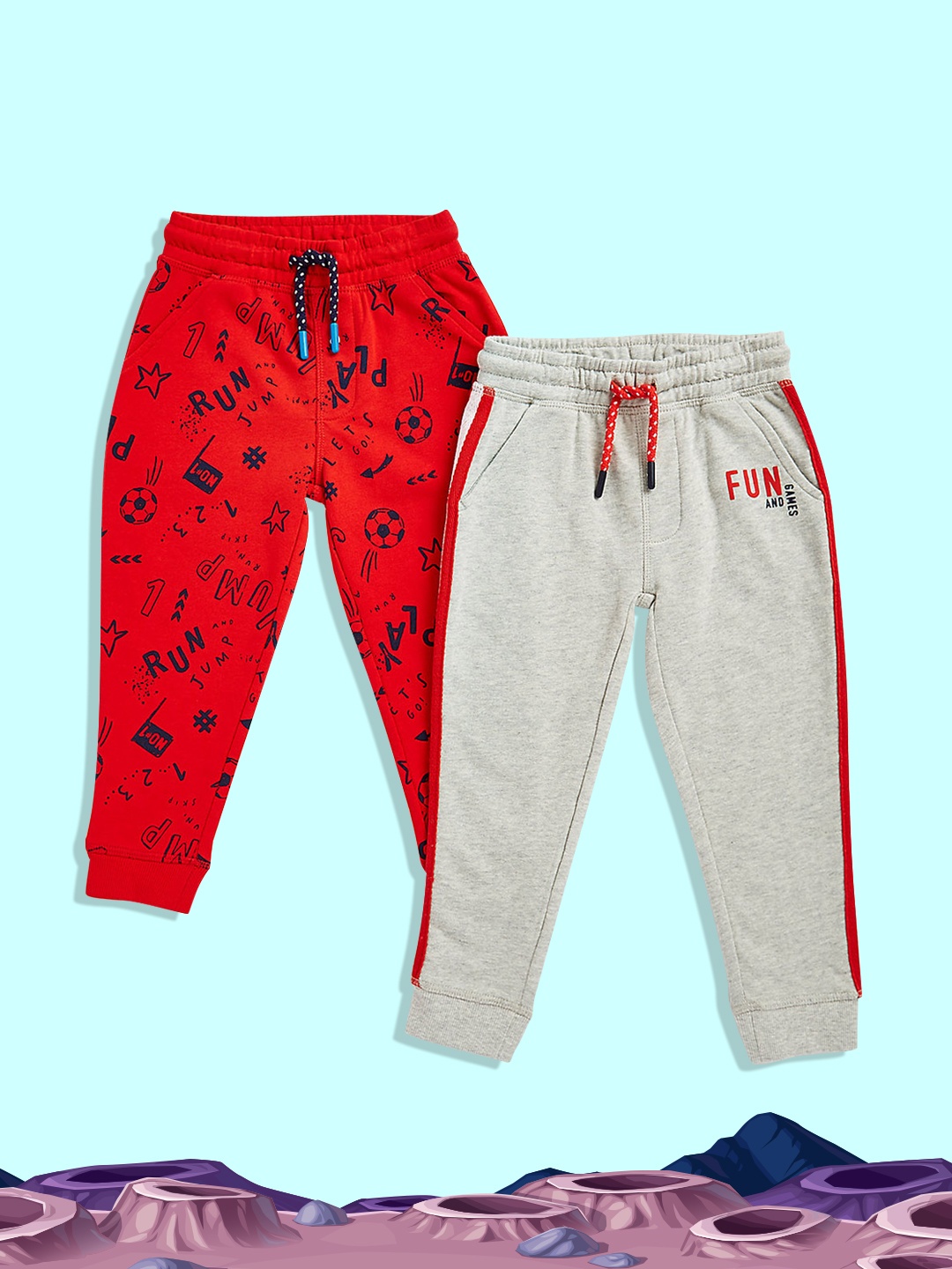 

mothercare Boys Pack Of 2 Grey And Red Printed Pure Cotton Joggers