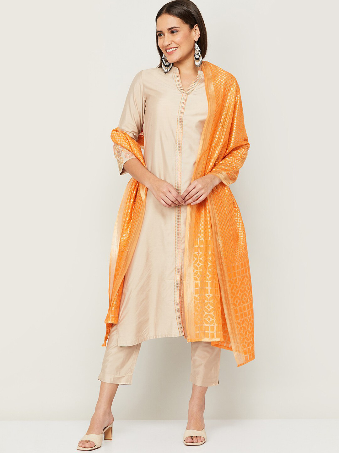 

Melange by Lifestyle Women Beige Embroidered Kurta with Trousers & With Dupatta