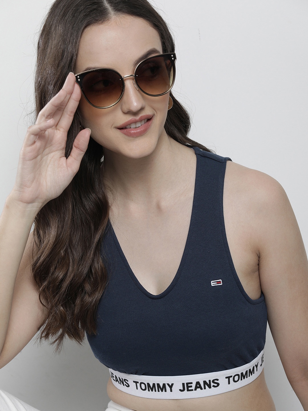 

Tommy Hilfiger Women Navy Blue V-Neck Sleeveless Crop T-shirt