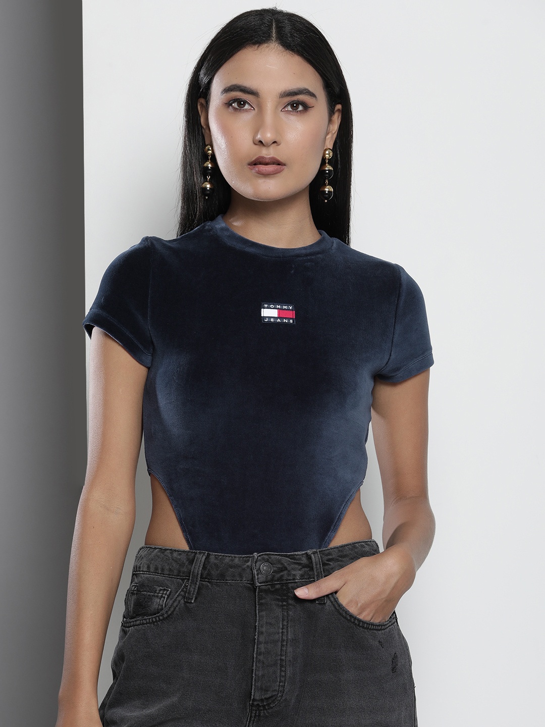 

Tommy Hilfiger Women Blue Brand Logo Bodysuit With High Cut