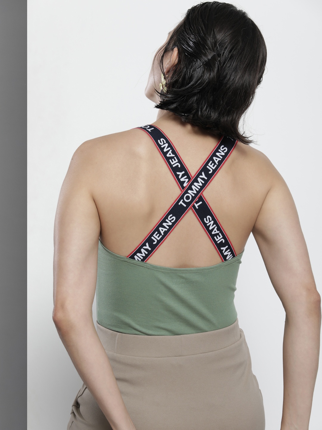

Tommy Hilfiger Women Olive Green Brand Logo Strap V-Neck Bodysuit