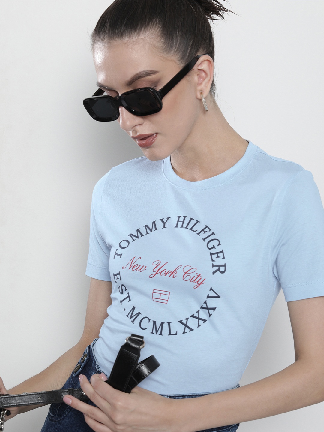 

Tommy Hilfiger Women Light Blue Brand Logo Printed Pure Cotton Slim Fit Crop T-shirt