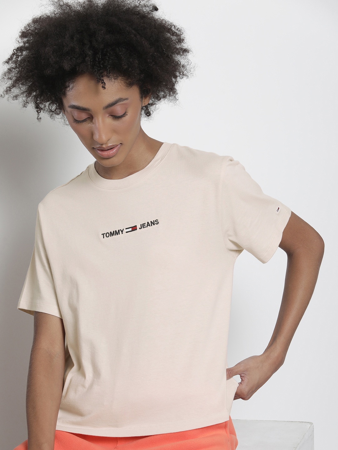 

Tommy Hilfiger Women Beige Pure Cotton T-shirt with Logo Embroidery