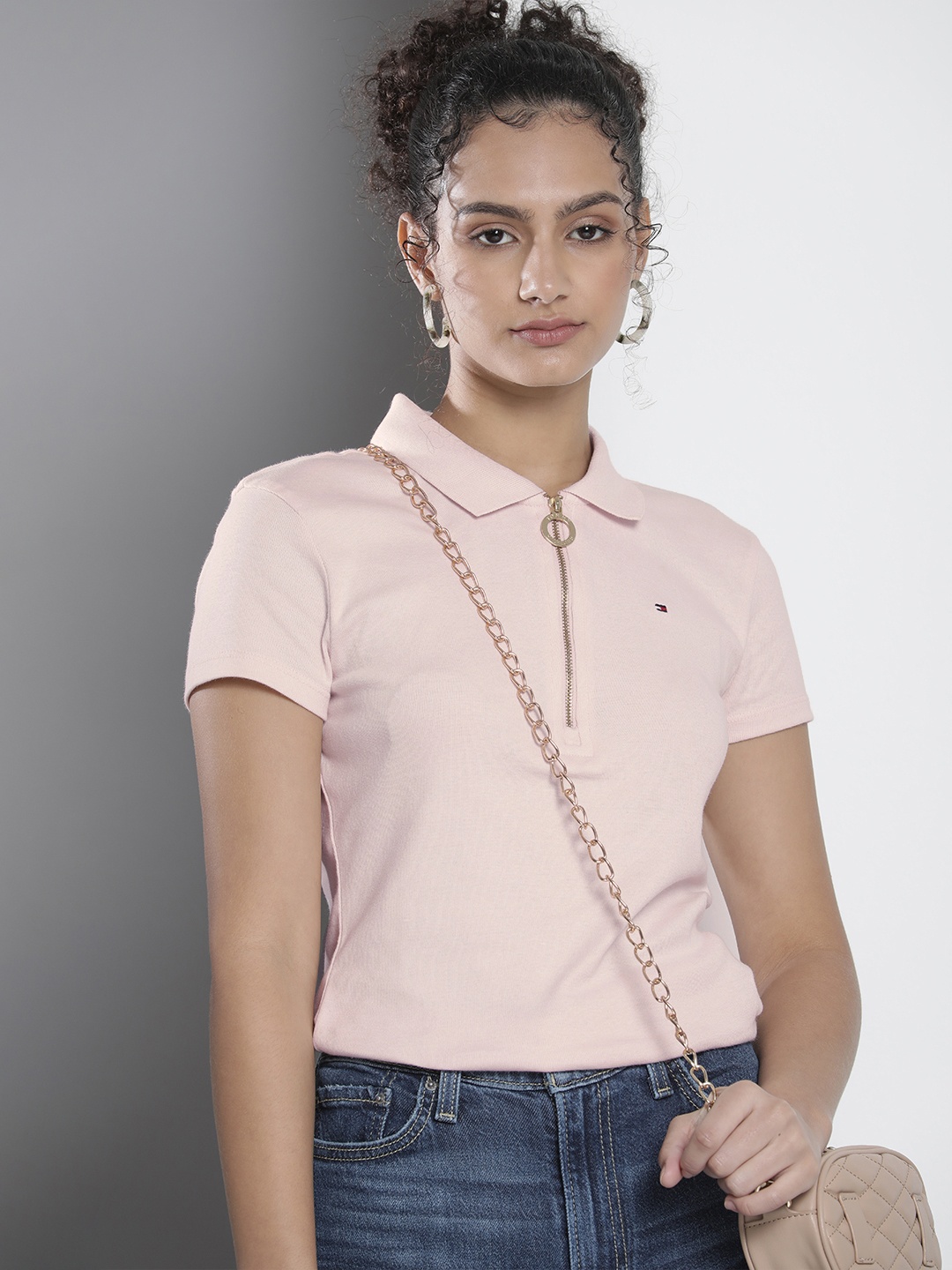 

Tommy Hilfiger Women Pink Polo Collar Pure Cotton Slim Fit T-shirt